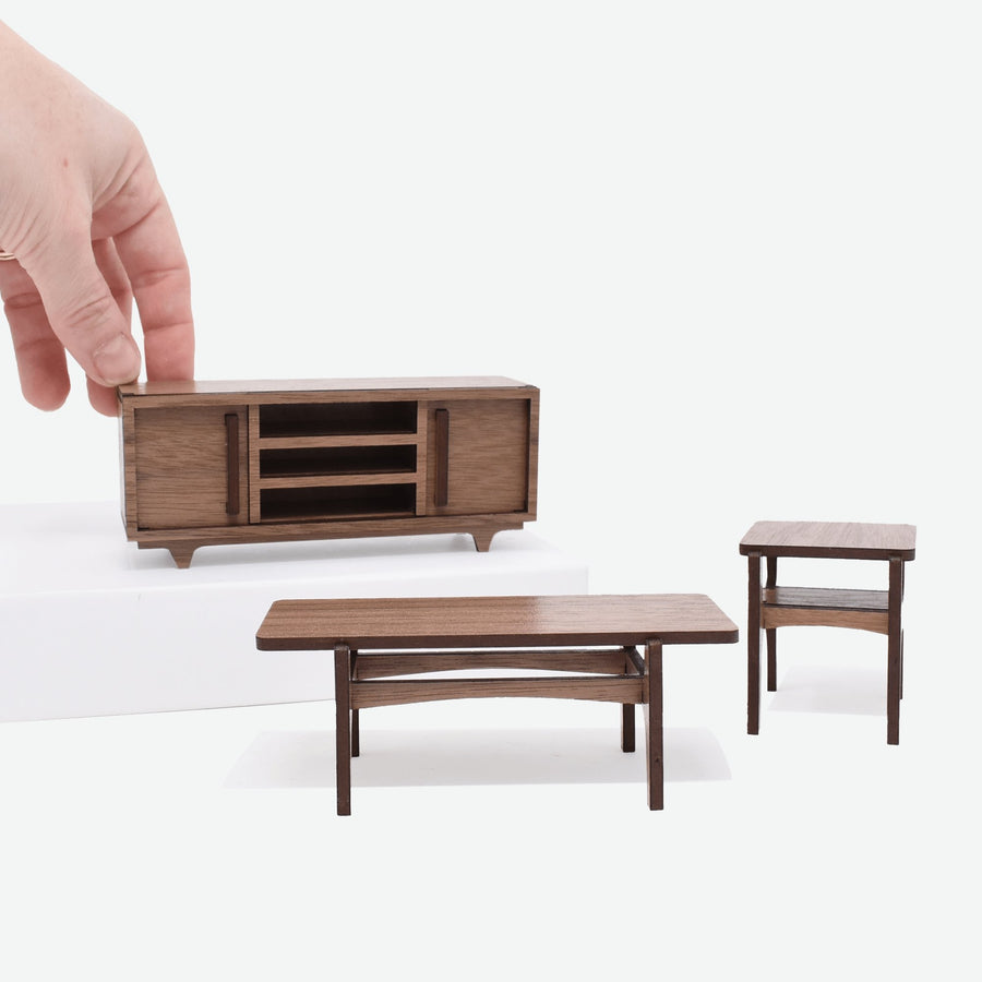 1:12 Scale Mini Mid-Century Modern Coffee Table (Walnut) - Mini Materials